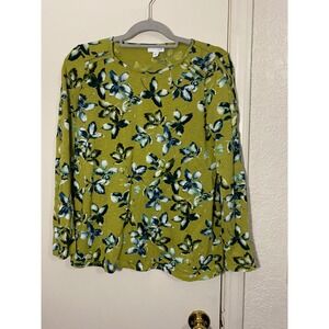J. Jill Womens Small Green Floral Leaf Print Long Sleeve Top Crochet Detail S